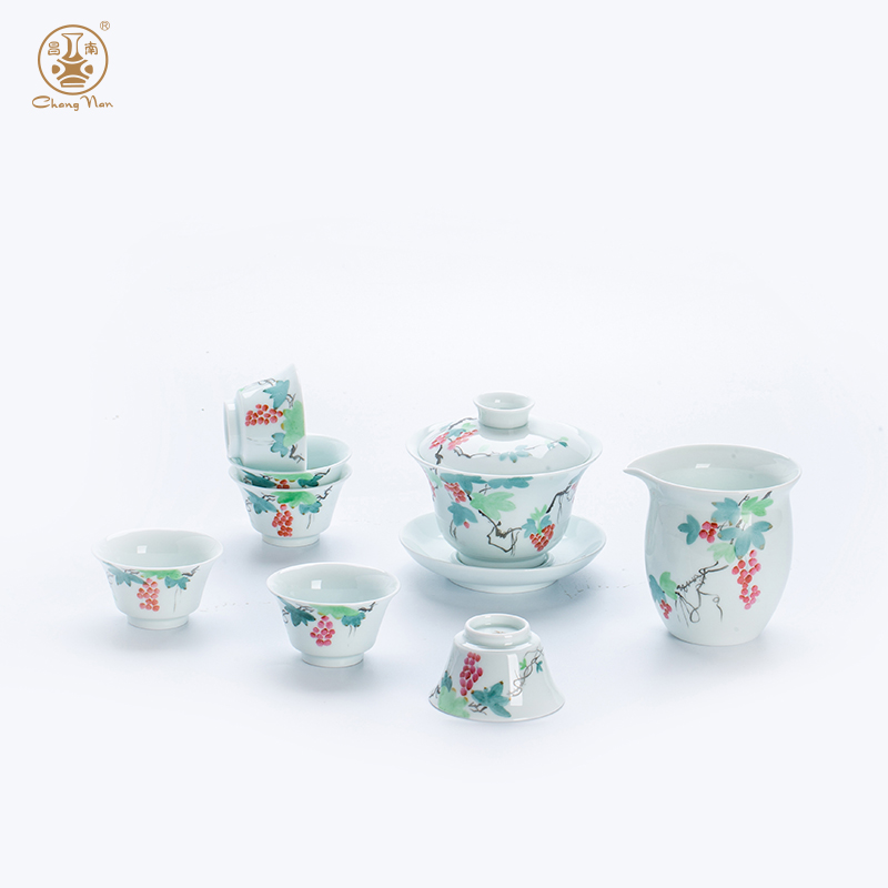 玉瓷手繪“吉運添?！?頭蓋碗茶具套裝
